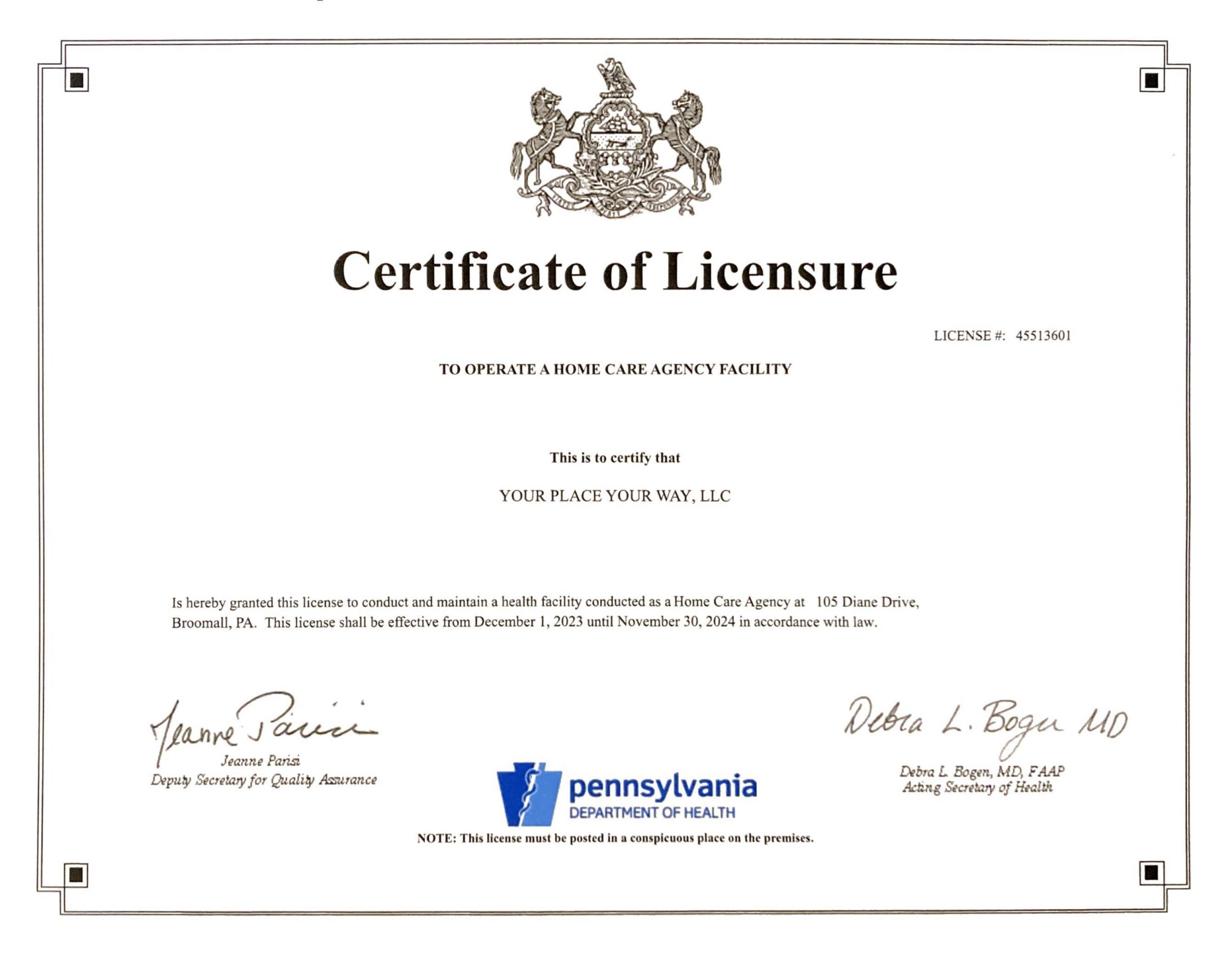 Certificate of Licensure with signature